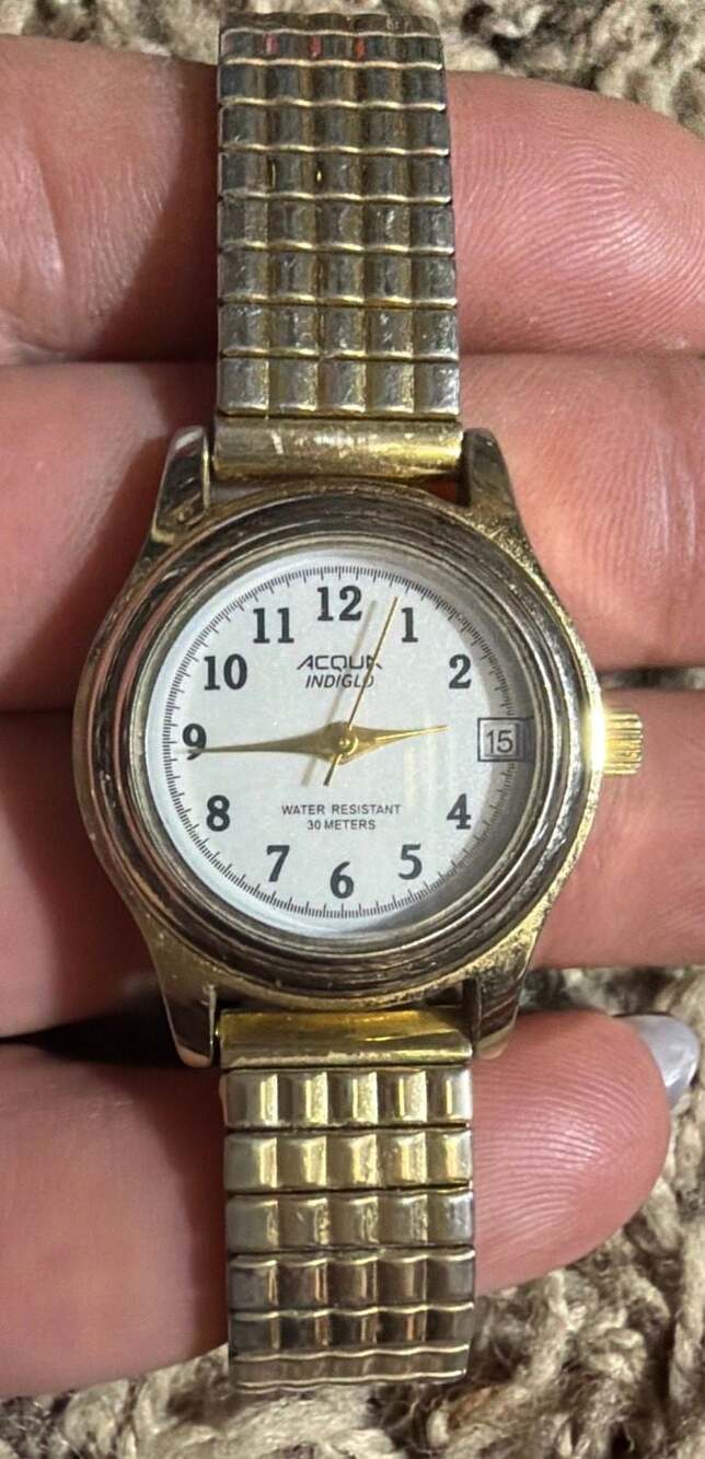 Vintage Acqua Indiglo Gold Tone Quartz Women's Date Watch with Stretch Band